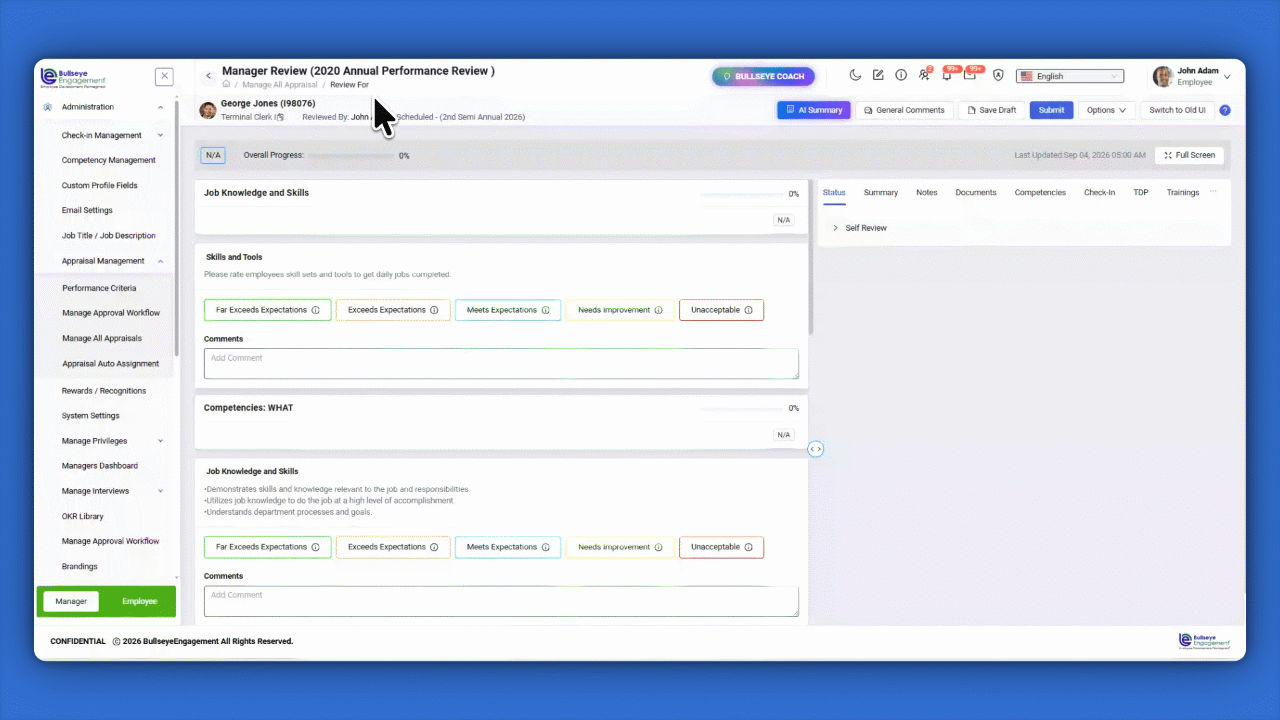 Screen recording of the AI Manager Review Summary feature: a manager opens an Appraisal Review For screen, clicks AI Summary in the top bar, reviews the AI Manager Review Summary briefing comparing feedback across sources, optionally copies the summary, then returns to complete the Manager Review.