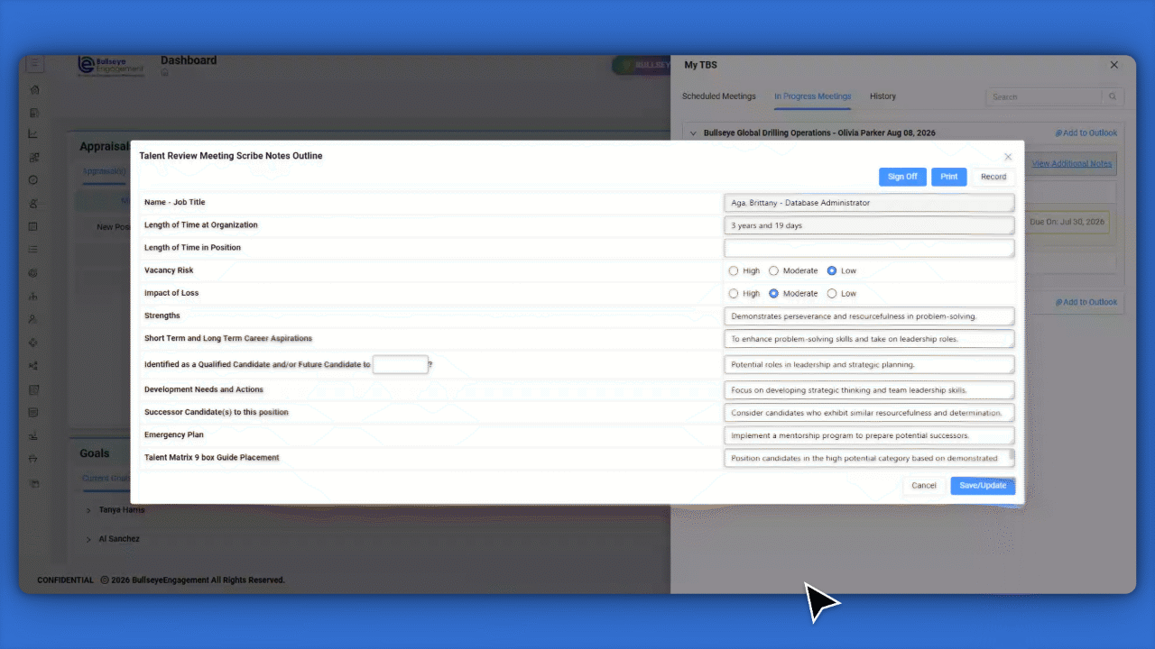 Screen recording of the TBS AI Recording feature: a manager opens a Talent Scribe Notes form, clicks Record, confirms participant consent, starts a meeting recording, stops and uploads the audio, waits while AI transcribes the conversation with speaker labels, reviews the generated summary and transcript, clicks AI Fill This Form to populate the form fields, then reviews and saves the form.